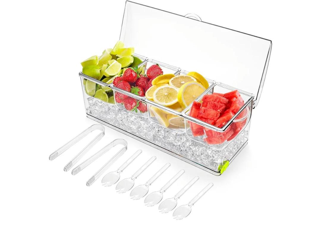 Jucoan Large Ice Chilled Condiment Server with Lid, 4 Compartments Chilled Condiment Caddy, Bar Garnish Serving Platter Holder Tray for Mimosa Taco Salad Bar, 2 Tongs, 6 Forks