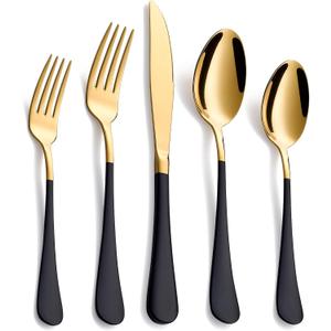 20-Piece Black & Gold Silverware Set, 18/0 Stainless Steel Colorful Handle Flatware Set, Service for 4, Modern Cutlery Set Includes Dinner Knives Forks Spoons, Mirror Polished, Dishwasher Safe