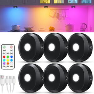 WILLED Under Cabinet Lighting Wireless,RGB Rechargeable Puck Lights with Remote Control,Battery Touch Tap Light with Timer Function,Stick On LED Lights for Kitchen,Cabinet,Counter,Closet,Shelf, 5 Pack