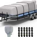 RVMasking Pontoon Boat Cover with Motor Cover, 1400D Heavy Duty Middle Reinforced, Marine Grade Waterproof Boat Cover for Length: 21'-24', Beam Width up to 102", Gray