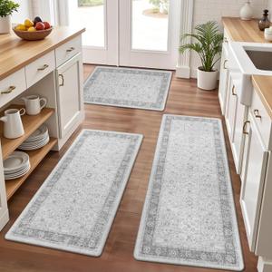 Pauwer Anti Fatigue Kitchen Floor Mats Set of 3, PVC Foam Padded Kitchen Rugs, Non Slip Cushioned Comfort Standing Mat, Waterproof Sink Rug for Small Kitchen Area, Laundry Room, Light Grey (17.3''x28''+17.3''x36''+17.3''x48'')
