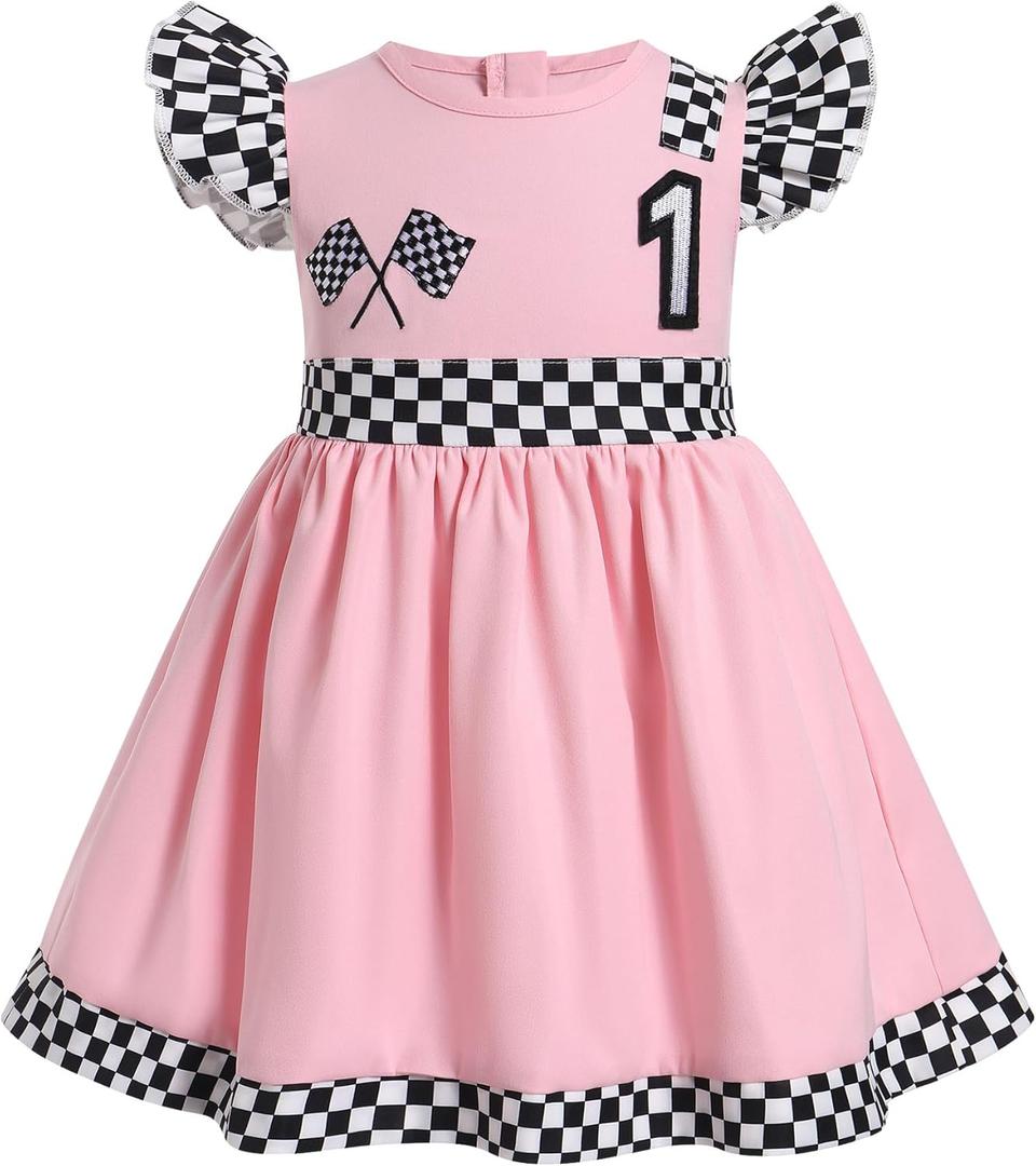 Kids Girls 1st 2nd Birthday Race Car Driver Costume Flutter Sleeve Ruffle Dress Racer Costume (12 Months, Pink 1 Year)