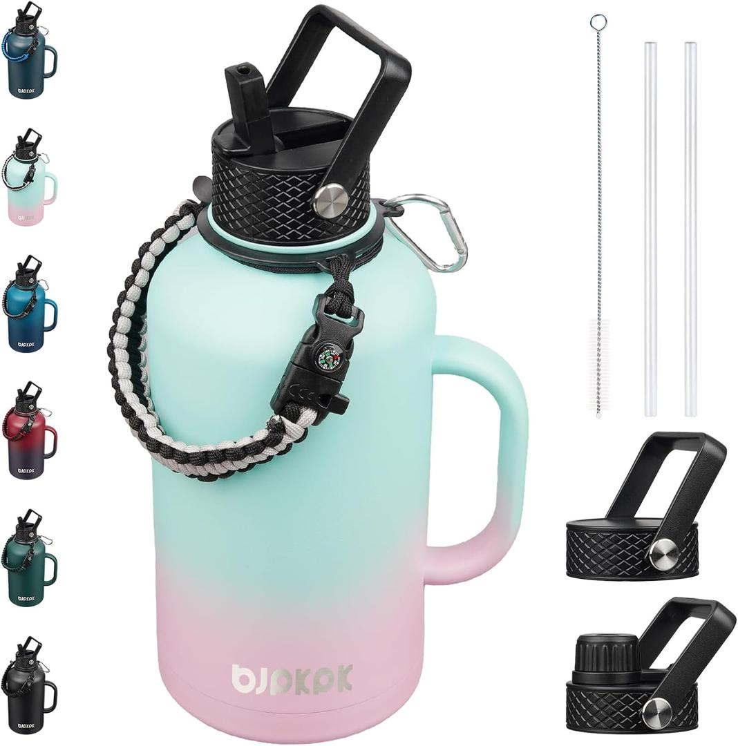 BJPKPK Half Gallon Insulated Water Bottles with Straw Lid & Side Handle, 64oz Large, Stainless Steel Water Bottles with 3 Lids and Paracord Strap, Metal Water Jug,Marshmallow