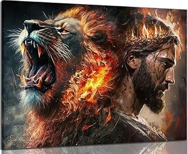 Jesus and Lion Canvas Wall Art lion of judah Christians of God Painting Picture Wall Decor Christian Religious Church Poster Print Artwork for Living Room Bedroom Church Home Decoration 12x16in