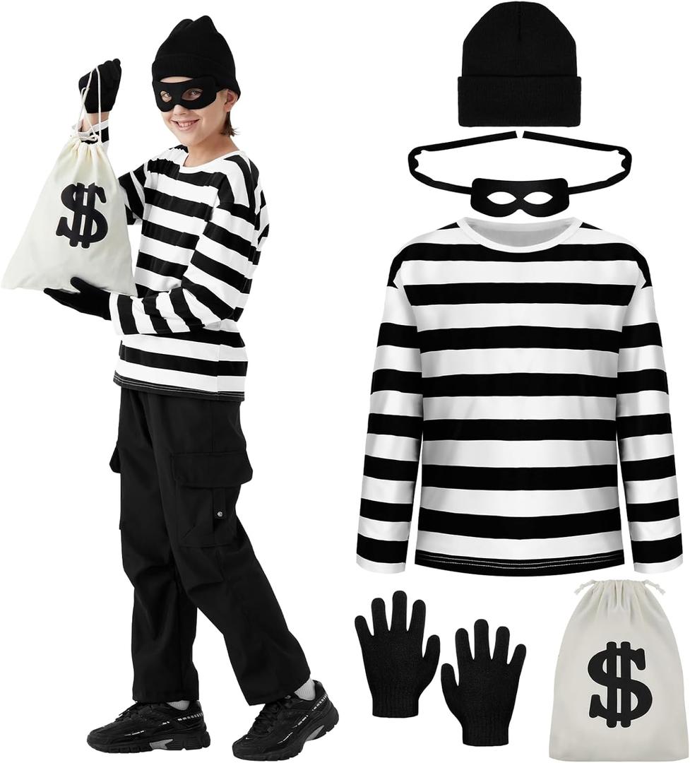 5PCS Kids Robber Costume Set,Bank Burglar Costume Shirt with Accessories,Halloween Robber Cosplay Outfits for Boys Girls (L(11-13yrs))