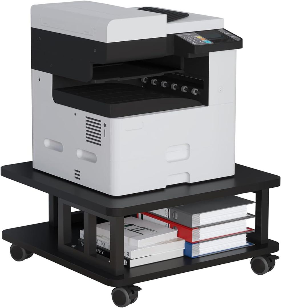 Mobile Printer Stand, 2-Tier Large Printer Shelf for Laser 3D Printer Office Machine with Storage, 23.6"x23.6" Wood Printer Cart Under Desk Rack with Wheels for Office Home Kitchen (Black)