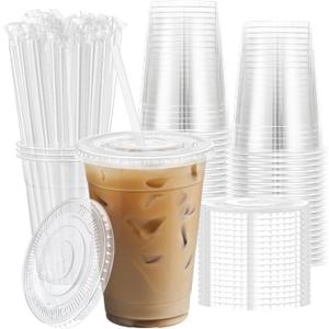 Clawsoff 12 oz 100 Pack Plastic Cups with Lids and Straws, Sturdy Food Safe Iced Clear Coffee Cups Disposable Smoothie Cups for Cold Drinks