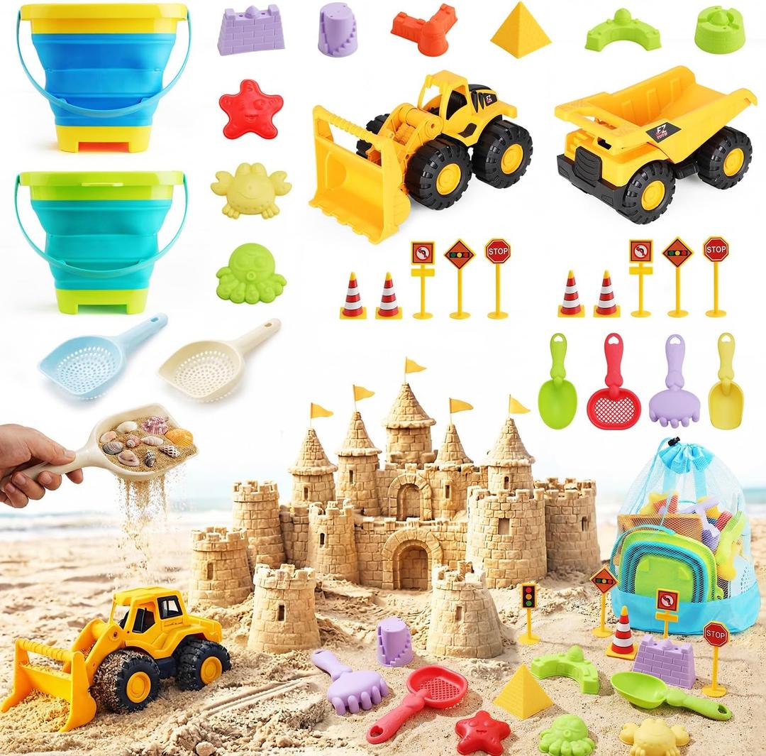 30PCS Beach Toys for Kids Ages 3-10, All-in-One Sand Toys Set with 2 Collapsible Buckets, Shovels, Trucks & Molds, Keep Kids Busy for Hours - Easy to Carry for Beach Travel Sandbox Play