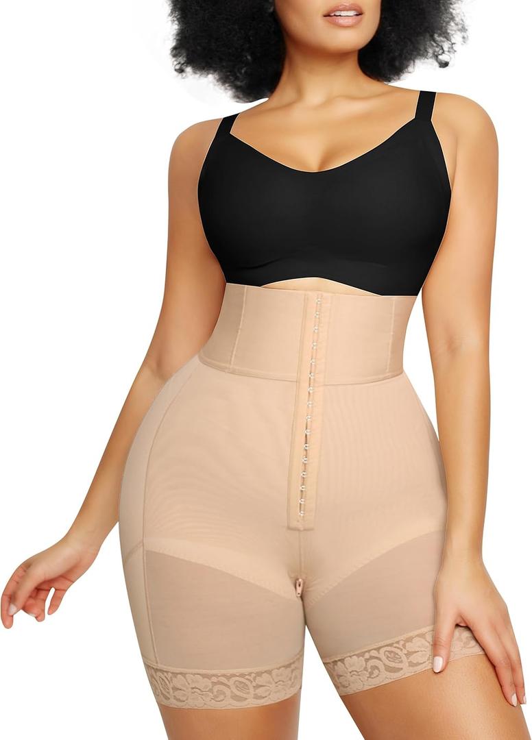 SHAPELLX High Waisted Body Shaper Shorts Shapewear for Women Tummy Control Thigh Slimming Slip Shorts Butt Lifting Shapewear (Large, A1-beige-hook & Eye Closure)