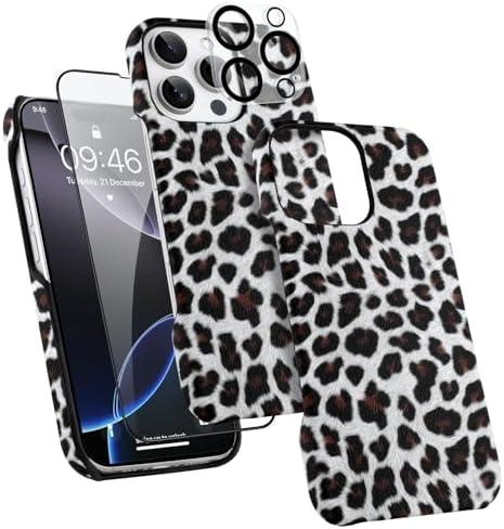 OOK for iPhone 16 Pro Max Case with Screen Protector + Camera Lens Protector, Retro Cool Leopard Print Cheetah Half-Wrapped PU Phone Case for Women Men, Slim Minimalist Hard PC Case Cover, White
