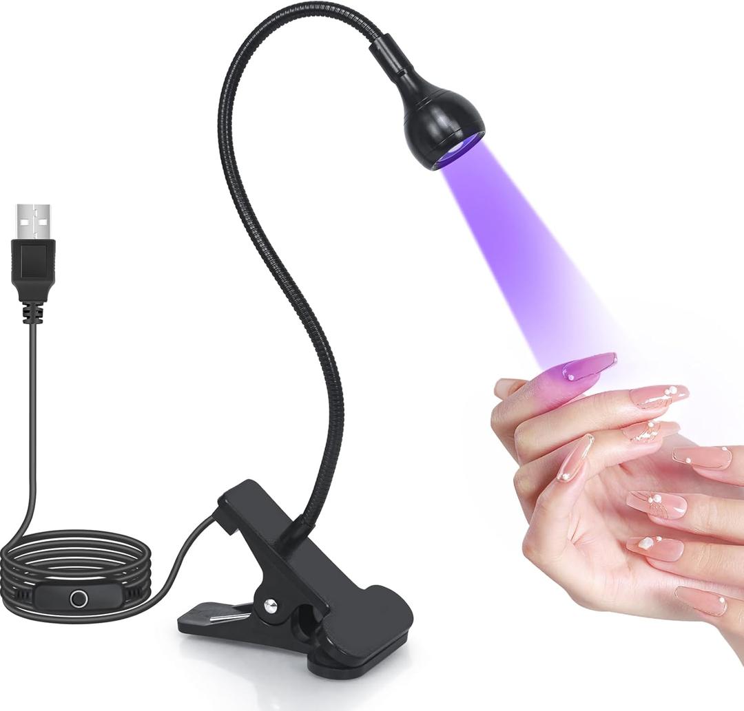 UV Nail Lamp - UV Light for Gel Nails, Flash Cure Lamp, LED Gooseneck Flash Cure Lamp for Nails, Manicure Dryer Black Light with Clamp, 365+395nm Wavelength 5V 3W 4 Levels Dimming Black