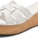 Coutgo Women's Platform Sandals Open Toe Slip On Low Wedge Slides Cork Heeled Beach Vacation Shoes, White, Size 6