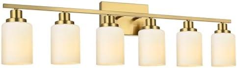 Wanluce 6-Light Bathroom Vanity Light Brushed Brass Bathroom Lighting Fixtures Over Mirror with Opal White Glass Shade, Golden Finish Vanity Wall Sconces Fixtures for Bedroom Living Room