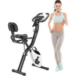 Folding Exercise Bike, Magnetic Stationary for Home with 16-Level Resistance, LCD Screen, Arm Bands, Backrest & Tablet Holder  Compact Upright & Recumbent Indoor Cycling Bike (White)