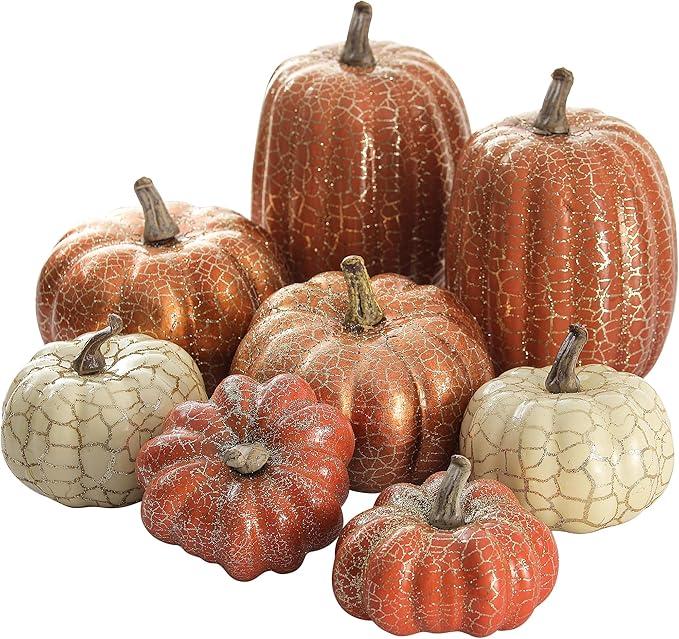 Artgar Pumpkin Decor, 7 PCS Halloween Pumpkin, Metal Cracked Design Foam Pumpkins for Halloween Thanksgiving Fall Home Table Indoor Outdoor Decorations