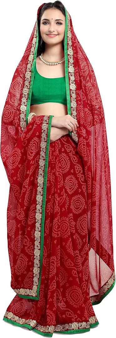 Women's Chiffon Bandhani Printed Saree With Lace And Blouse PieceWith Unstitched Blouse One Size
