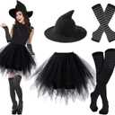 Ibeauti Halloween Witch Costumes for Women Gothic Cosplay Witch Hat Tutu Skirt Striped Knee High Socks Arm Warmers Set (Black)