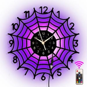 Halloween Spider Web Clock - 16" RGB Color Changing with Remote, Glow in The Dark, Spooky Decor for Party, Modern Gothic Halloween Decor, 11.81 X 11.81 Inches