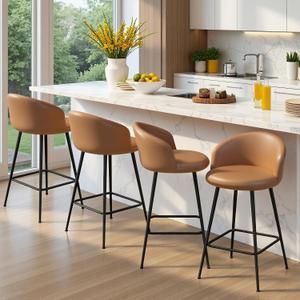 Counter Height Bar Stools Set of 4, 24 inch Bar Stools with Soft Backrest, Leather Upholstered Barstools for Kitchen Island, Brown