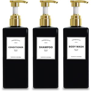 Black Shampoo Bottles with Gold Pump YACEYACE 16.9oz Set of 3 Shampoo and Conditioner Dispenser Empty Black Shower Bottles, Elegant Boutique Shampoo Dispenser for Bathroom, Lotion, Salon