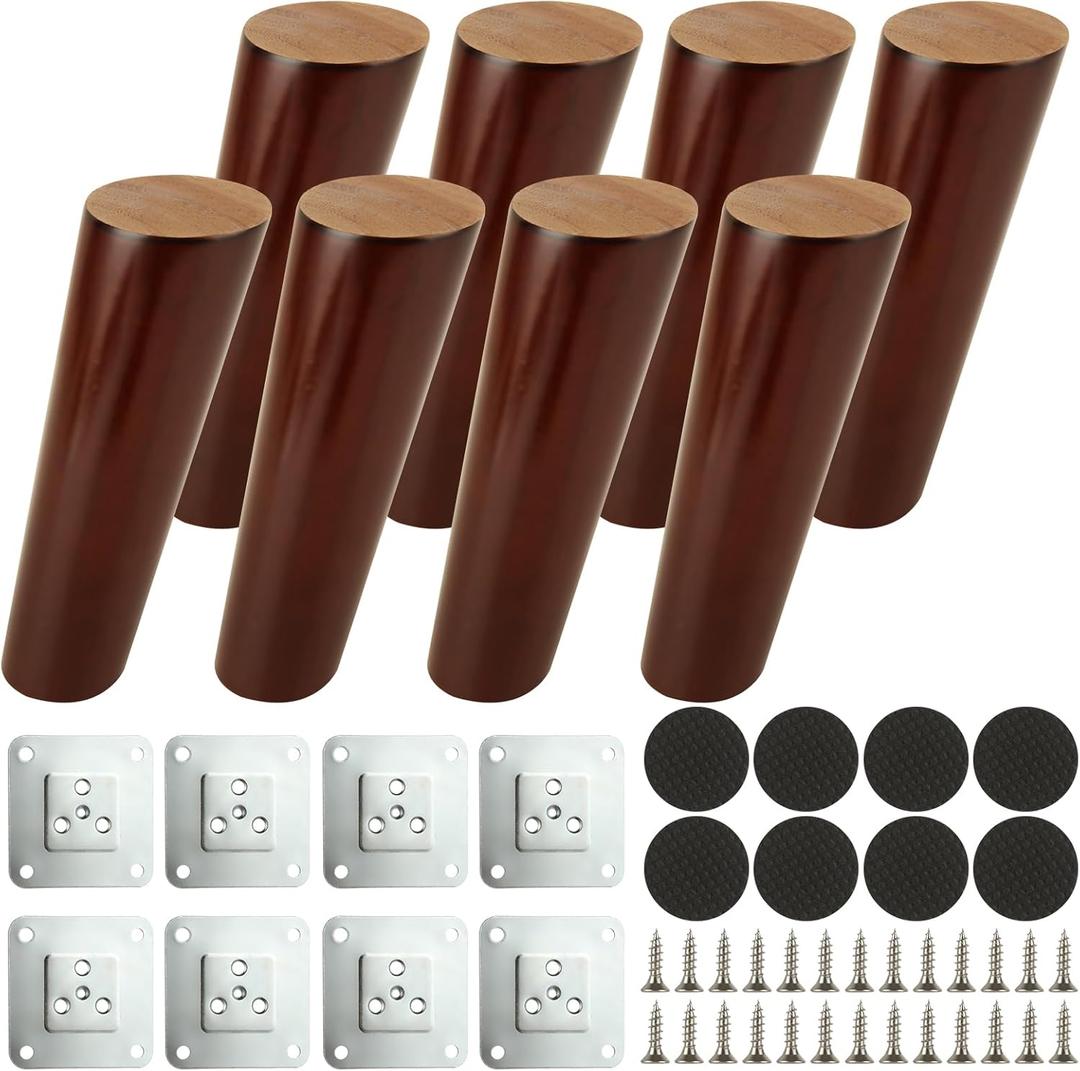 8PCS 6 Inch Wood Furniture Legs, Angled Solid Couch Legs, Round Sofa Replacement Legs, Mid Century Modern Legs for Armchair, Cabinet, Chair, Dresser, Accessorizes Included
