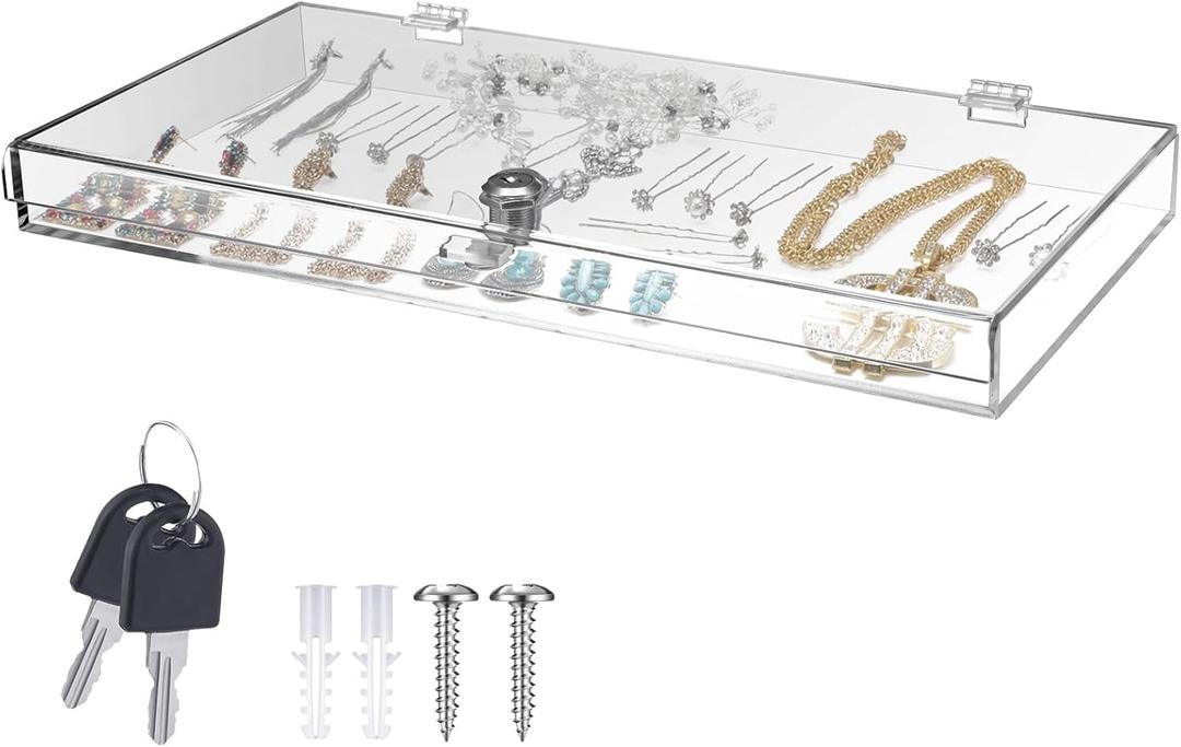 Clear Acrylic Locking Display Case with Keys Large Medication Lock Box Snack Fridge Lock Acrylic Figure Display Case Storage Box for Collectibles Figures Jewelry Toy (15.75" X 7.87" X 1.5")