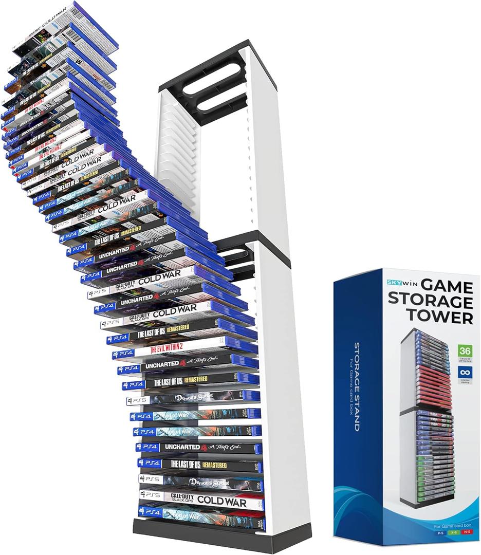 Skywin Video Game Storage Stand Tower, Video Game Storage Organizer for PS5/ PS4/ PS3/ Xbox Series S & X/Xbox one Game, Universal Game Disc Holder, 36 CD Storage Disk Tower for PS (White)