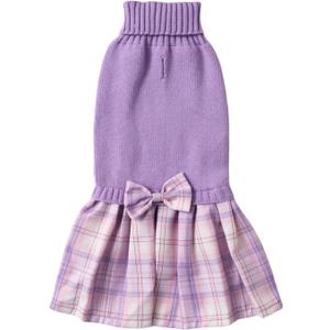 Purple Knitted Dog Sweater Dress, Pink Plaid Dog Winter Clothes Dresses for Dogs Girl, Dachshund Doggy Pet Apparel, Large (L)