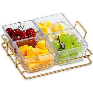 4-Compartment Acrylic Serving Tray with Gold Metal Rack Elegant Snack Dish for Appetizers, Candy, Nuts, Chips & Dips Stylish & Durable Divided Serving Platter for Home & Parties (4-Compartment)