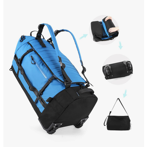 29" 86L Foldable Wheeled Duffle Bag, Waterproof Travel Rolling Backpack with Quilted Bottom, Blue