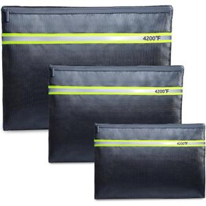 Fireproof Document Bag  3 Pack (15" x 11", 13" x 9.7", 10.5" x 8") Fireproof & Water- proof Document Organizer | Document Holder with Zipper Secure for Cash, Passports, Check& More (Black)