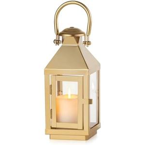 NUPTIO Gold Lanterns Decorative Indoor: 8.6 Inch Tall Metal Lantern with Glass for Pillar Candle - Fireplace Decor for Christmas Home Living Room Mantle Porch Wedding