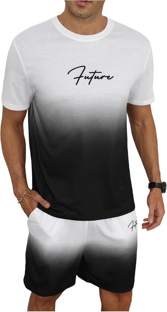 Men's Casual Outfits 2 Piece Ombre Letter Graphic Tees and Drawstring Basketball Shorts Tracksuits (M)