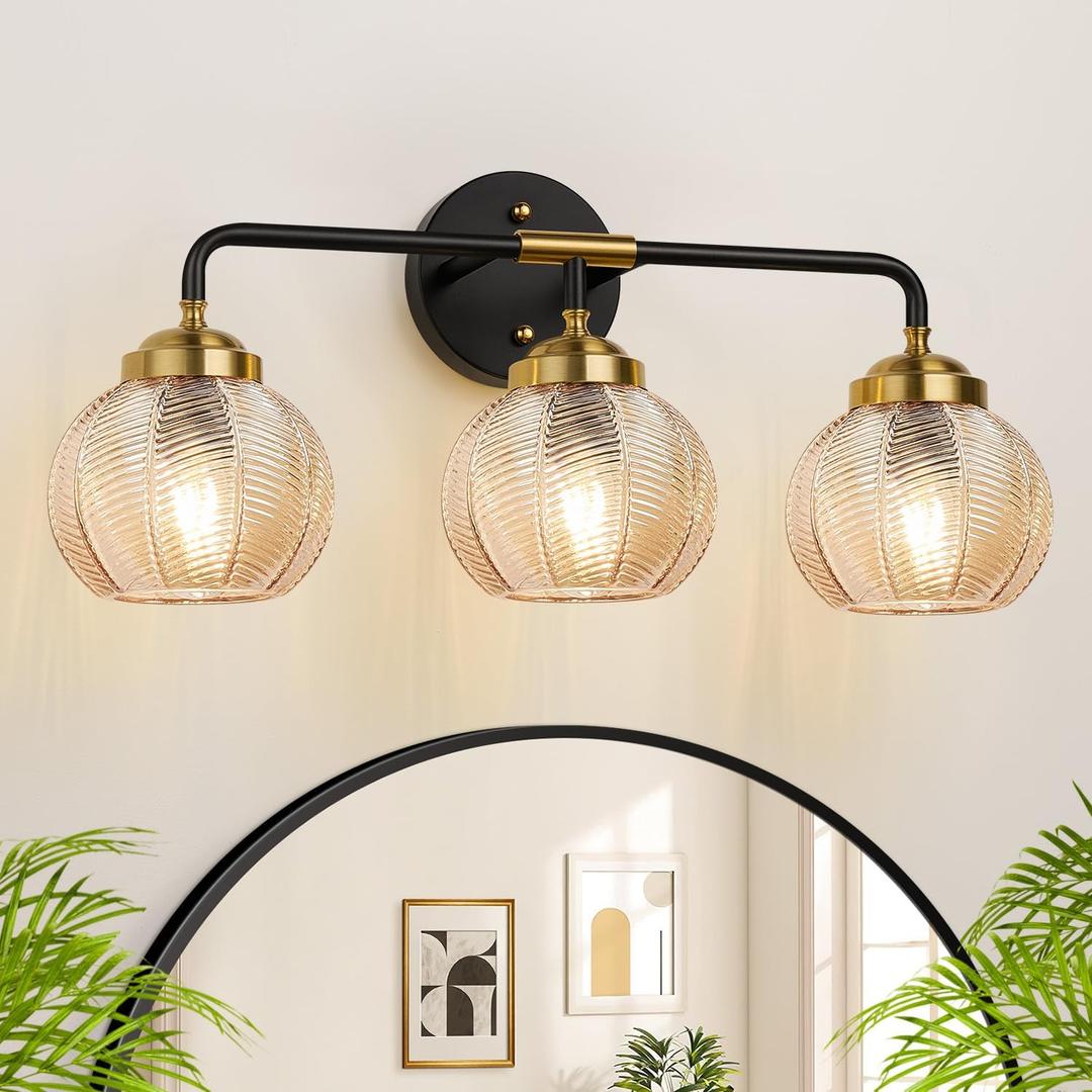 Bathroom Light Fixtures, 3-Light Amber Vanity Lights with Unique Leaf Texture Glass Shade, Modern Matte Black and Gold Bathroom Wall Lamp for Mirror Hallway Cabinet Living Room