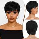 RUWISS Pixie Cut Wig Human Hair  Short Wigs for Black Women with Bangs, Natural Layered Wavy Wig, Glueless, 1B#