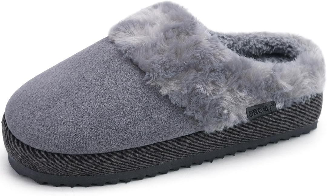ONCAI Womam Slippers with Cushion Yoga Mat Faux Fur Lining Fuzzy Suede Warm Winter House Slippers Shoes Ladies Indoor and Outdoor Cozy Rubber Sole US Size 5-11 (Gray)