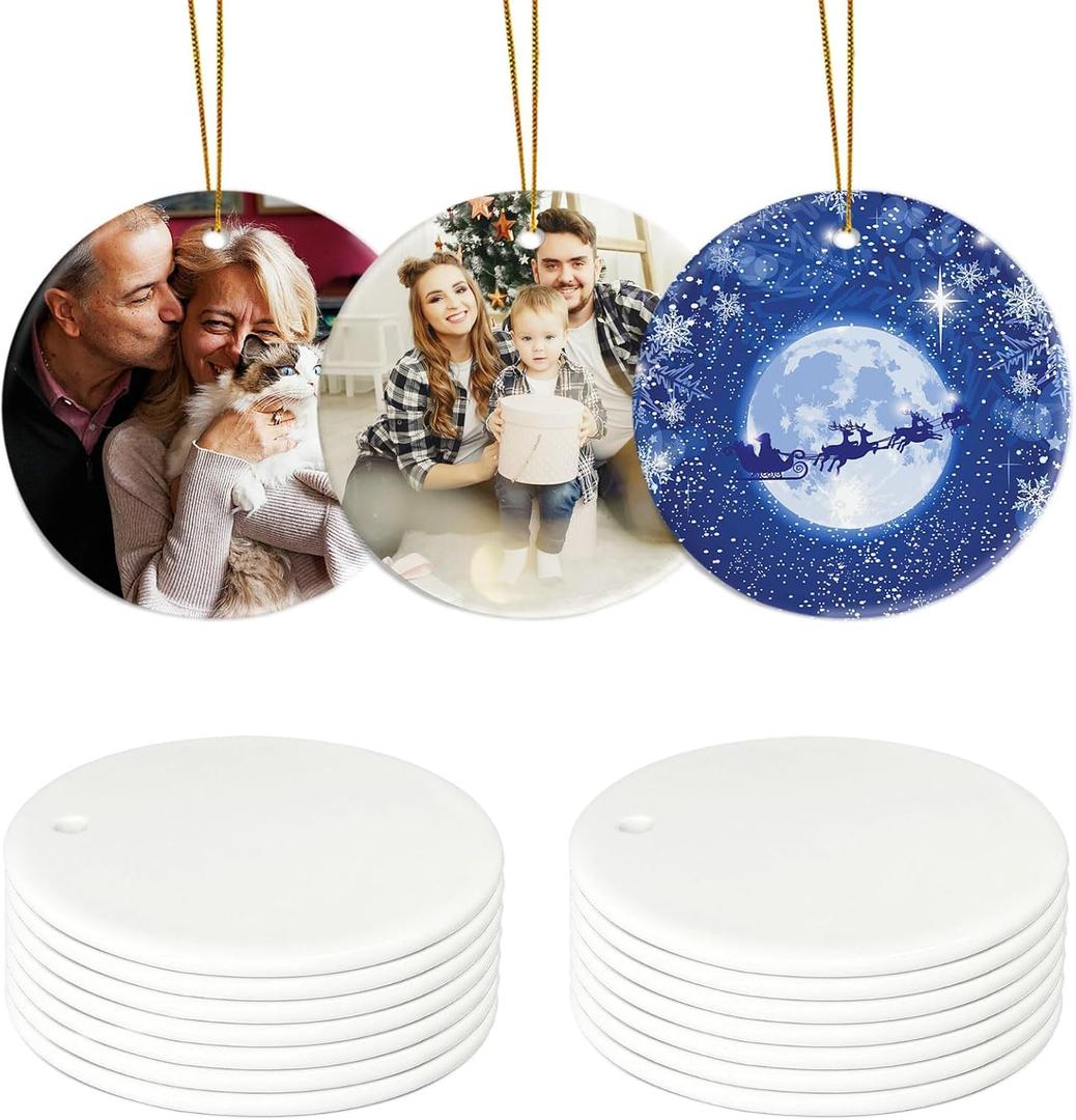 2 x Sublimation Ceramic Ornaments, Round Porcelain Discs, Bulk Blanks for DIY Heat Press, Personalized Xmas Tree Ornament, White (12, Round)