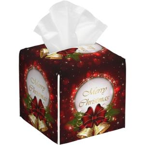 Christmas Tree Bell Tissue Box Cover Xmas Gift Square Leather Tissue Case Holder Facial Paper Organizer Dispenser Decorative for Tabletop Night Stands Desk Bathroom Kitchen Car Office Home Decor