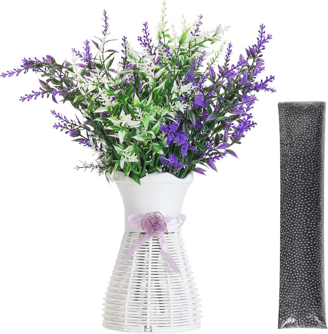 Artificial Flower 3-in-1 Set Hollow Vase with 4 Faux Lavenders 14oz Nano Mineral Crystal Beads Odor Absorber & Decorative Floral Arrangements for Indoor Bedroom Washroom, Purple White