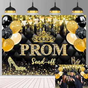 Prom Send Off Photography Backdrop 8x6FT Black and Gold Glitter Champagne Prom Night Backdrop Congrats Graduation Party Decorations Banner (96x72 inch)