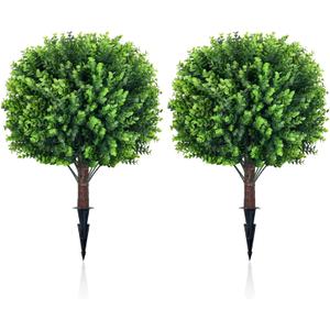 Artificial Topiary Tree with Eucalyptus, Set of 2 UV Resistant 17in Miniature Trees, Outdoor for Porch, Fake Bonsai Topiaries, Greenery Balls, Faux Shrubs for Planters, Curb Appeal Decor