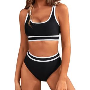 Women's High Waisted Bikini Sets Sporty Two Piece Swimsuits Color Block Tummy Control Modest Bathing Suit（Black/Bikin Set） (Black, M)