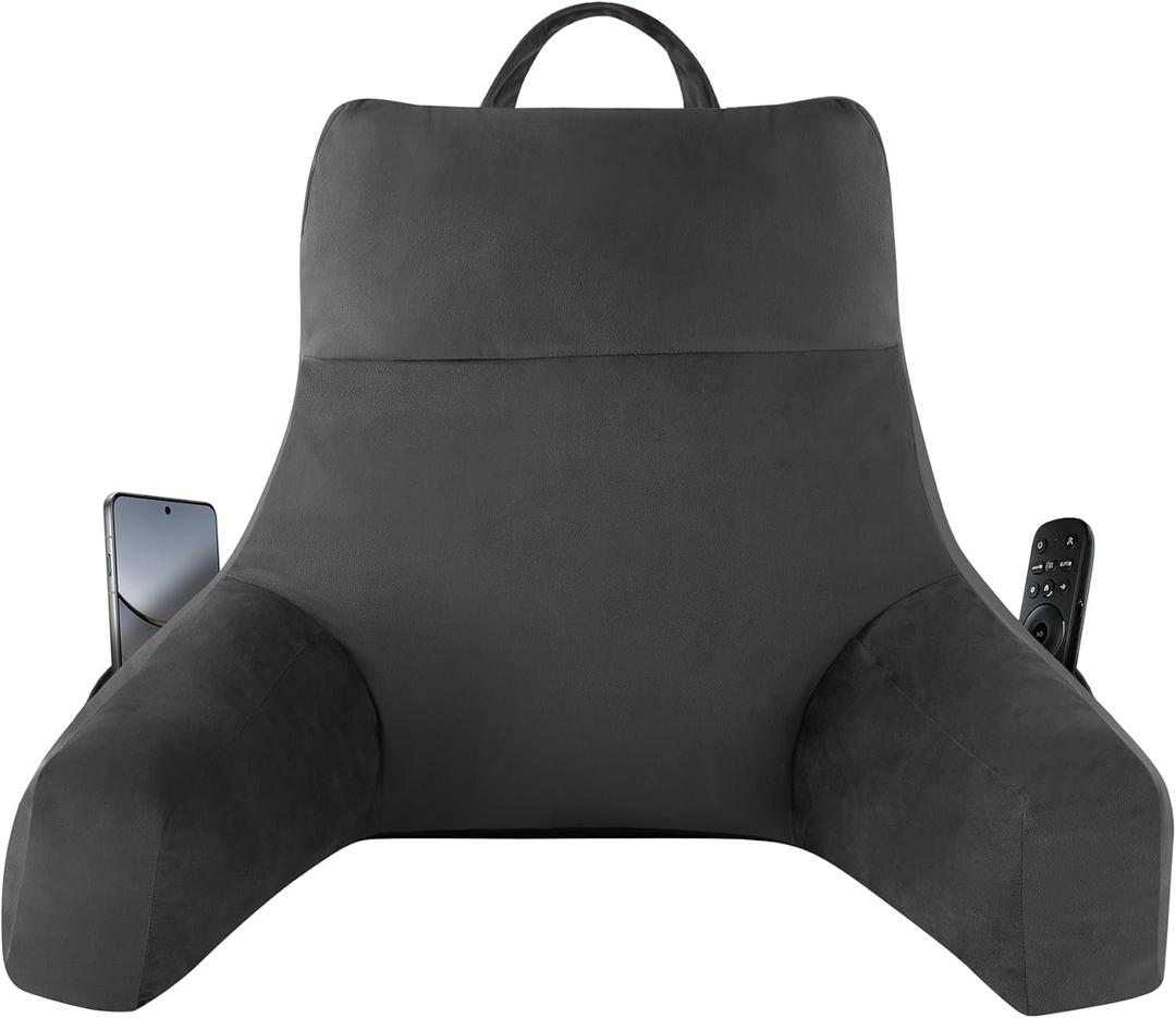 Reading Pillow with Arms for Adults, Back Pillow for Bed Sitting Up, Shredded Memory Foam Backrest Pillow with Pockets & Removable Washable Cover, Lounging, Watching TV, Reading(20inch Grey)