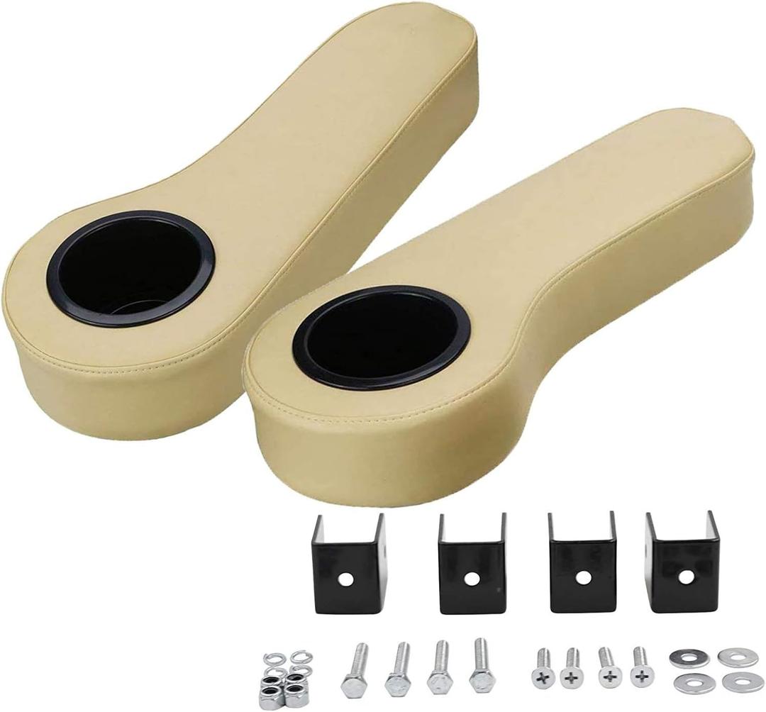 Golf Cart Rear Seat Armrest Cup Holder - Compatible with EZGO, Club Car, Yamaha, More (Non-Drilling Brackets, Beige)