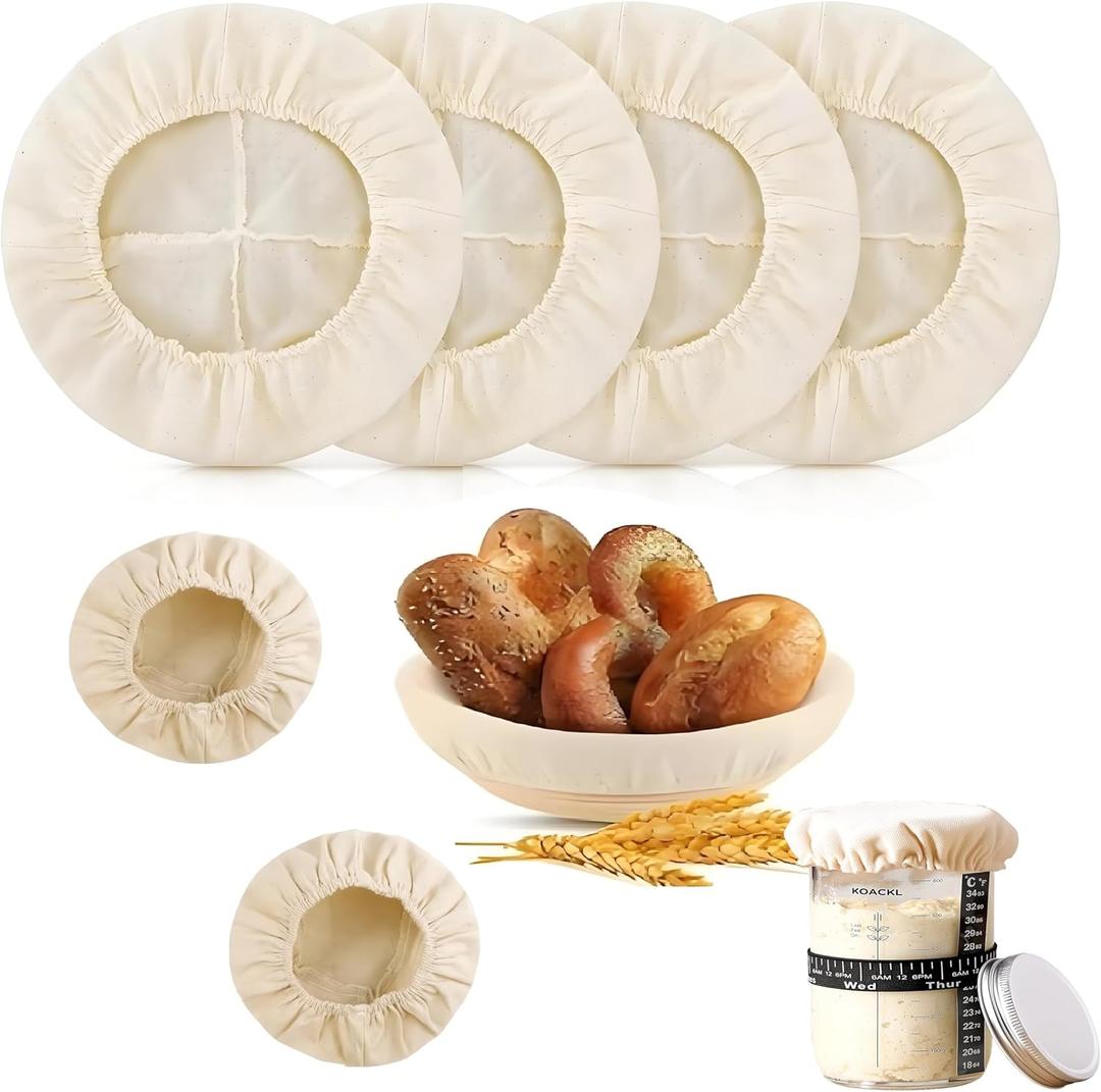 Bread Proofing Cover - 4 Pack Basket Linen Cloths & 2 Jar Covers, Reusable Cotton Bread Proofing Liners for Sourdough Baking, 10" Compatible with Round/Oval Banneton Baskets