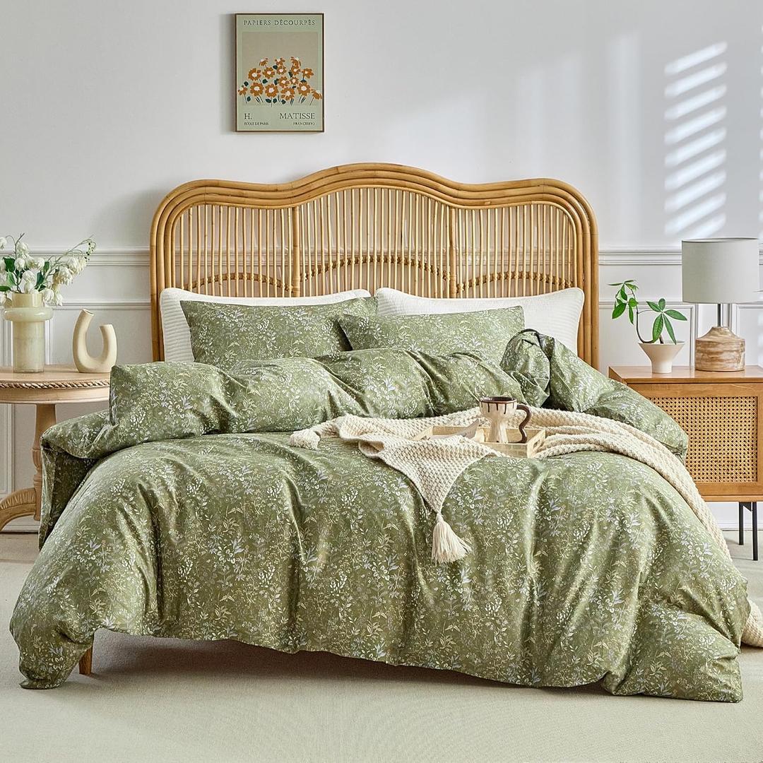 AMWAN King Size Comforter Set Olive Green 3 Pieces King Boho Floral Bedding Set, All Season King Bedding Sets with 1 Comforter and 2 Pillowcases, Soft Thick Aesthetic Comforter Sets (King (104"x90"), Mc-olive Green)
