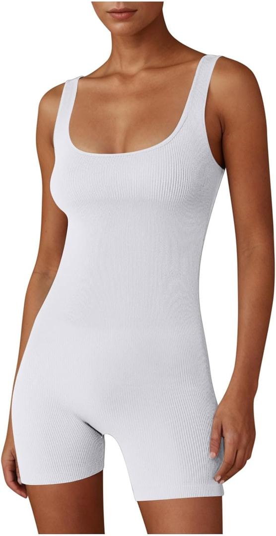 HGps8w Women's Summer Shapewear Rompers Workout One Piece Bodysuits Bodycon Shorts Jumpsuits Yoga Gym Outfits (3X-Large, 01 White)