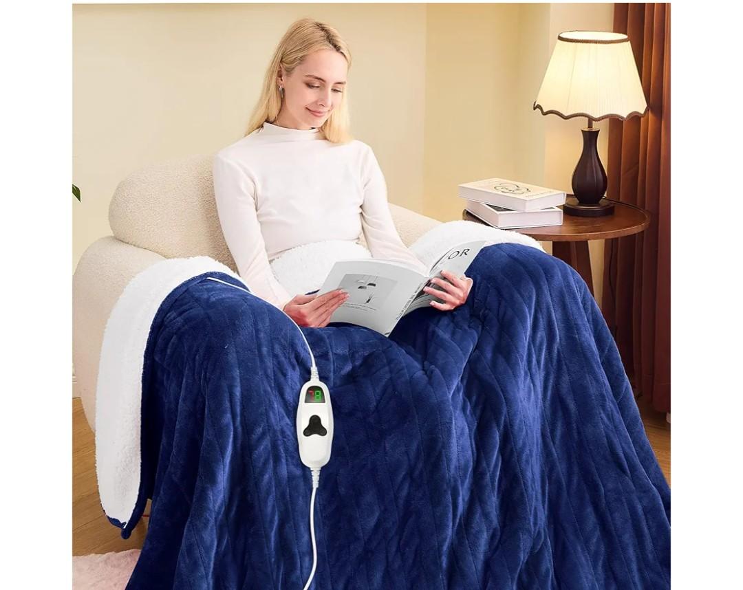 greenoak Heated Blanket Electric Twin 62"X84", Heating Blanket with 10 Heat Levels 1/2/4/6/8 Hours Auto-Off, Soft Flannel Sherpa Warm Heater Christmas Blanket, Sea Blue