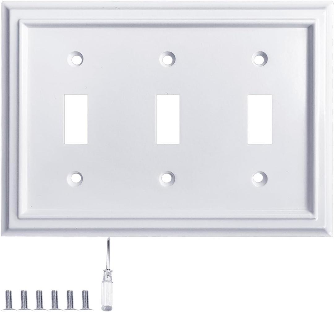 Pure White Decorative Outlet Covers Wall Plates, Bamboo Fiber Light Switch Covers, Natural Material Electric Receptacle Switch Plate Outlet Cover of Various Styles (3 Gang Toggle 1 Pack)