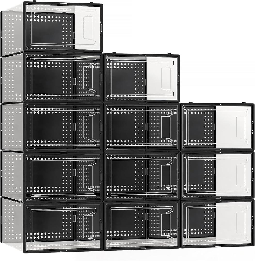 12 Pack XX Large Shoe Organizer Storage Boxes for Closet, Modular Space Saving Shoe Boxes Clear Plastic Stackable Sneaker Containers Display Case with Lids, Dark Black